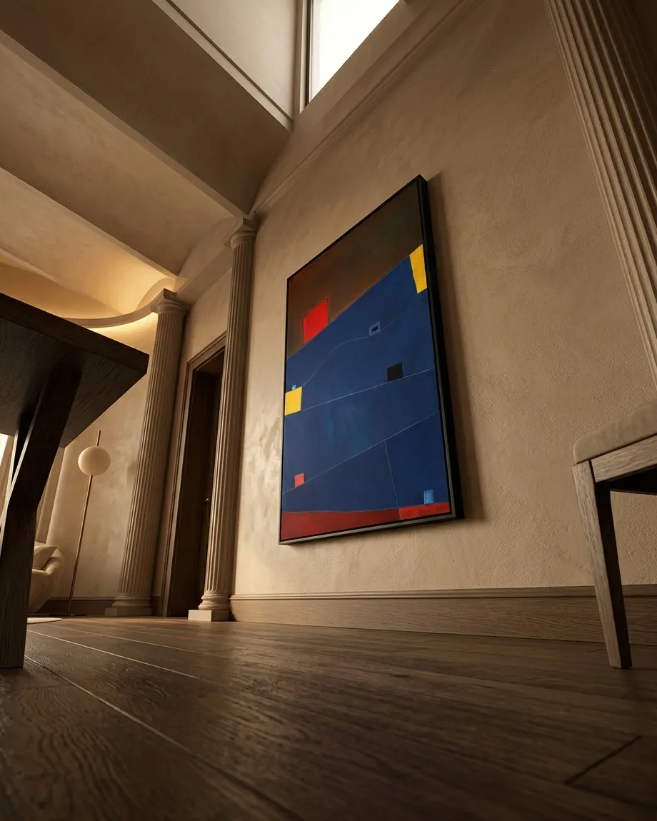 An extreme low-angle shot from a dark wood floor looking up at a vertical abstract painting mounted on a beige plaster wall. The painting features indigo blue color fields, a red upper quadrant, and yellow blocks on the sides, structured by thin linear incisions. In the dimly lit architectural setting, two fluted columns rise toward a high ceiling.