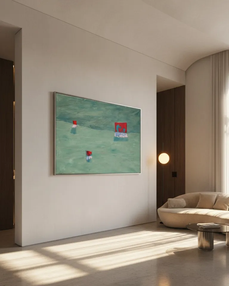 Horizontal abstract painting 'STRATA VIII - TRIA' by Maurizio Valch, displayed in a modern living room. The artwork features a teal field with three textured crimson red blocks, hanging on a light wall. Incised lines and impasto marks are visible. The camera looks up from the floor, showing a curved cream sofa, a low metallic table, and dark wood panels. Sunlight casts patterns on the floor.