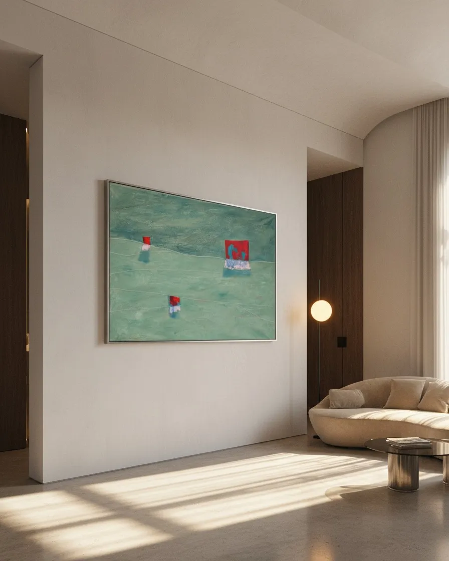 Pintura abstracta TRIA colgada en la pared blanca de una sala de estar moderna y luminosa, con un sofá de diseño curvado al fondo.