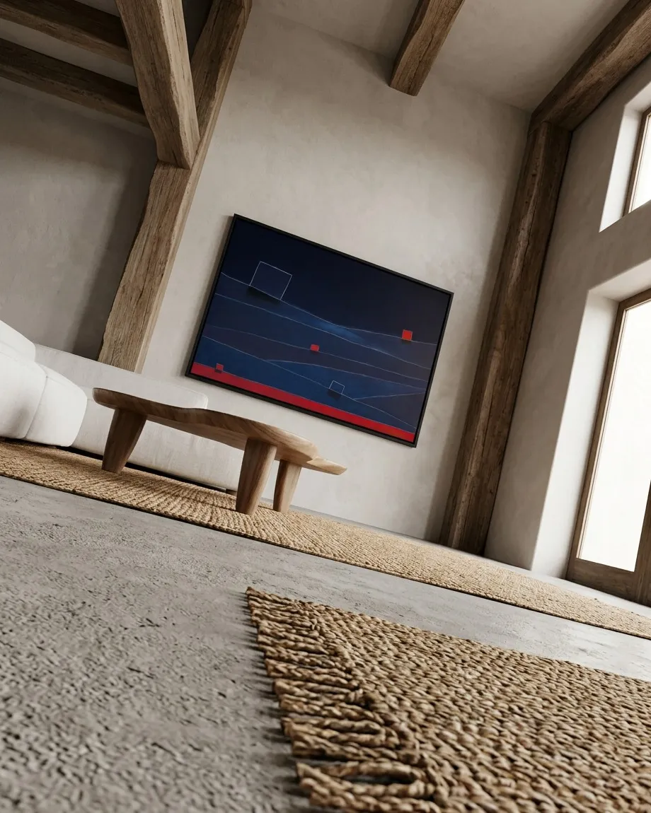 A low-angle interior photograph from floor level showing a horizontal abstract painting mounted on a light plaster wall. The artwork features red geometric shapes against a dark blue background. The surrounding contemporary space includes exposed wooden ceiling beams, a natural fiber rug in the foreground, a low wooden coffee table, and a white sofa.