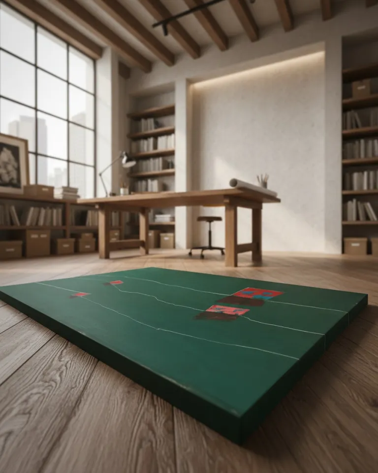 Large horizontal abstract painting resting on a wooden floor in a studio. It displays a dominant dark green field with three rectangular blocks in red and blue. Wavy white lines cross the surface, which features visible impasto and texture.