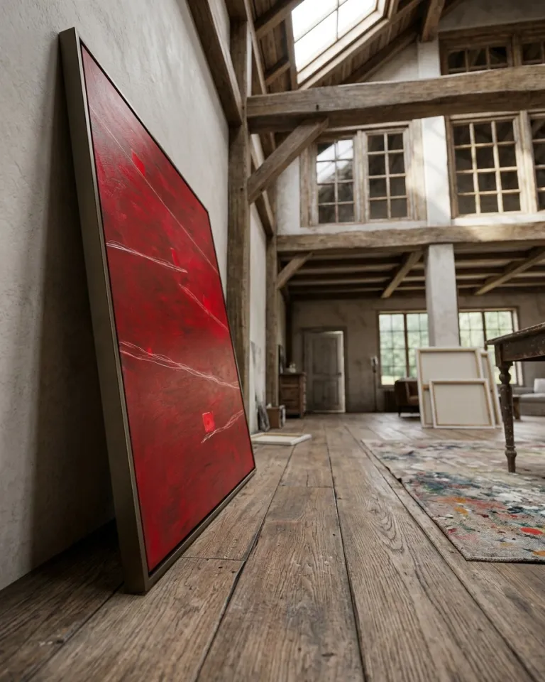 A vertical abstract painting by Maurizio Valch, 'STRATA IV — DECLIVIS,' leans against a stucco wall in a spacious artist's studio. The artwork features a textured crimson field with incised white lines and dark red blocks. The rustic studio has exposed wooden beams, skylights, and wooden floorboards. A paint-splattered rug and other unframed canvases are visible in the soft background.
