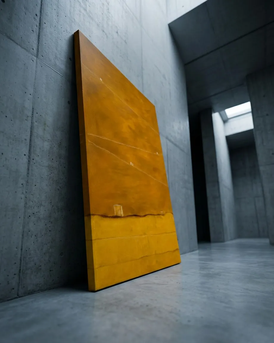 Vertical abstract painting featuring a vast upper field of dark ochre with subtle light diagonal lines and small blocks. A dark, undulating line separates this field from a bright yellow lower strip. The surface displays visible textures and pigment layers.