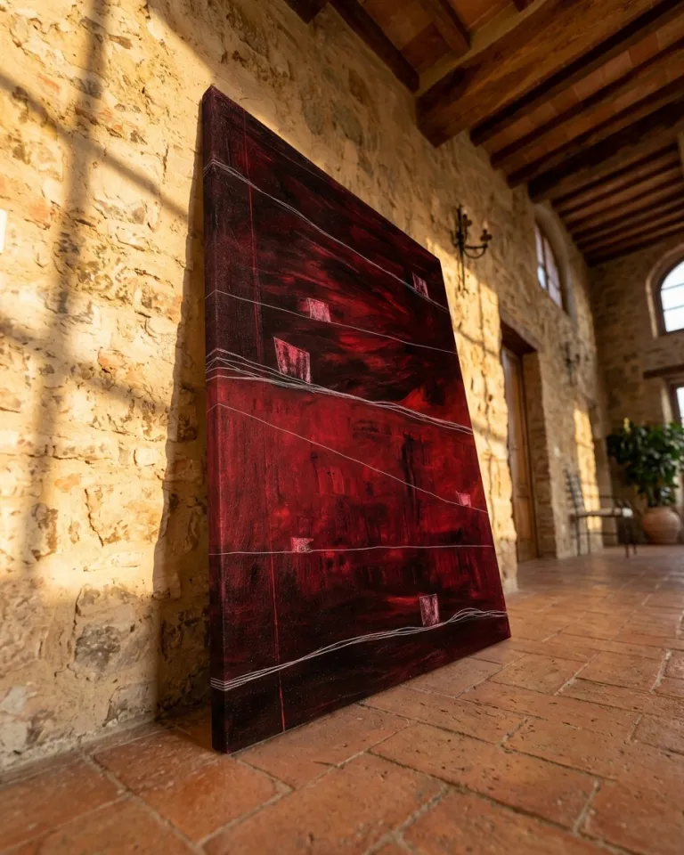 Vertical abstract painting in deep red and black tones with white incised lines and textured square shapes. The artwork leans on a terracotta floor against a rustic stone wall. Warm side light casts sharp shadows on the environment and the canvas texture.