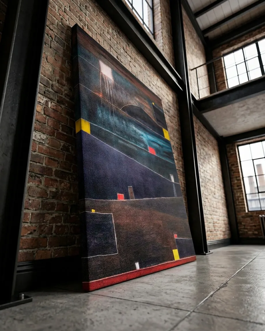 Vertical abstract painting. Predominantly dark blue, black, and earthy brown tones. Features horizontal bands with rectangular blocks in red, yellow, and white. Incised lines and paint drips are visible. A small ladder leads to an opening at the bottom right.