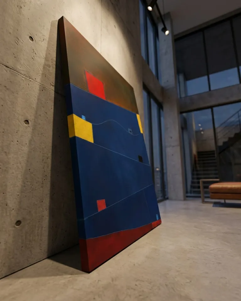 The vertical abstract painting COACTUS by Maurizio Valch rests against a concrete wall on a polished cement floor, shown from an extreme low-angle view. The canvas features a large indigo blue central field with thin incised lines, a bright yellow block on the left edge, a crimson square at the top, and a textured red band along the base.
