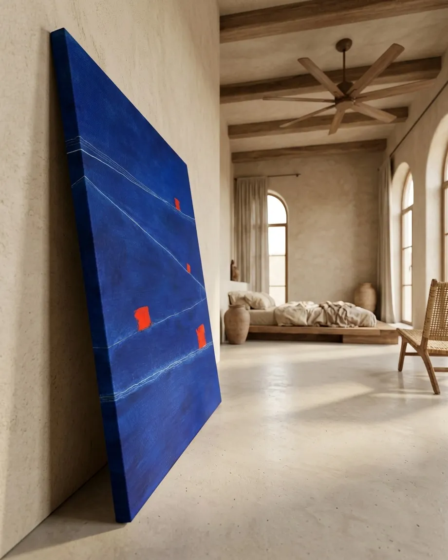 Pintura minimalista azul de Maurizio Valch apoyada sobre el suelo de cemento de un dormitorio de estilo rústico contemporáneo con techos altos y vigas de madera.