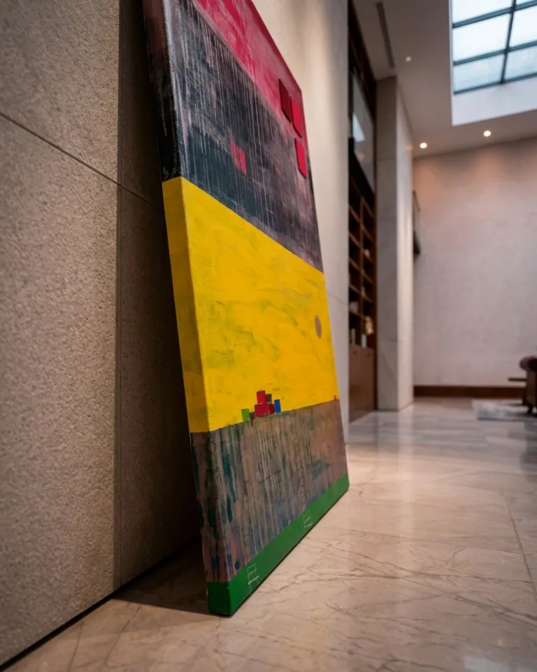 Vertical abstract painting by Maurizio Valch, INTERVALLUM, in acrylic and oil, resting against a light textured wall. It features five horizontal bands: intense red, black with drips, bright yellow with a circle, brownish-gray with blocks, and dark green at the base. The floor is light polished marble.