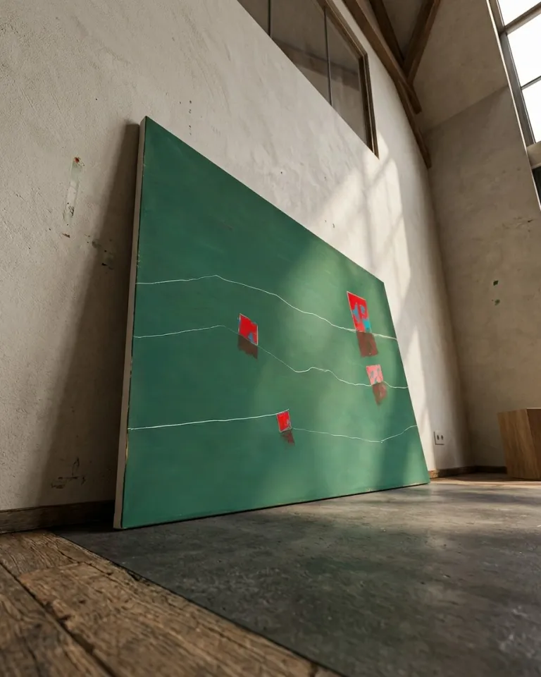 Horizontal abstract painting with a dominant dark green background. Three rectangular blocks, two red and one with blue tones, appear with darker reflections or shadows below. Two thin, wavy white lines cross the composition. The artwork leans against a light wall in a high-ceiling studio.