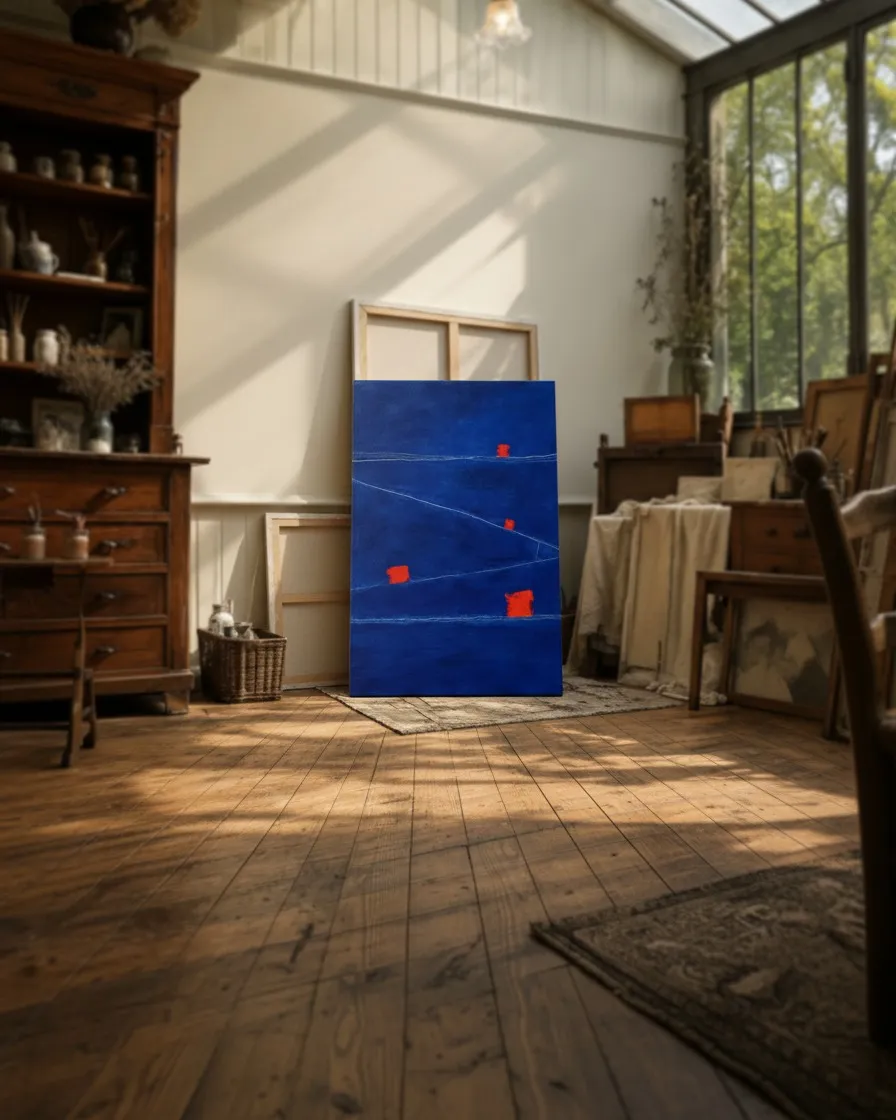 Una pintura abstracta vertical en azul profundo con finas líneas blancas y cuatro pequeños bloques rectangulares rojos. La obra se apoya en un suelo de madera contra una pared clara de un estudio, con luz natural y muebles de madera de fondo.