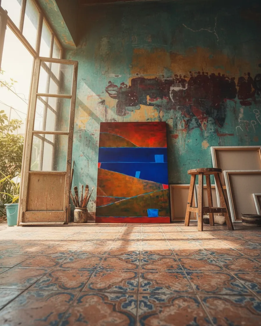 A vertical abstract painting rests on the decorative tiled floor of an artist's studio, viewed from an extreme low angle. The canvas features horizontal and diagonal bands of crimson red, ocher, and deep blue, segmented by thin incised lines. Three small light blue rectangular shapes are positioned across the different color fields.
