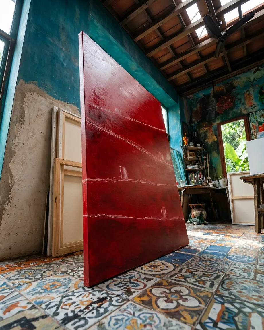 Vista desde el suelo de una pintura abstracta vertical apoyada en el espacio de un taller. El lienzo, de color rojo carmesí con texturas de óleo y acrílico, presenta cuatro líneas horizontales finas y bloques geométricos claros. El entorno muestra un pavimento de baldosas decoradas, paredes turquesas desgastadas y un techo rústico con vigas.