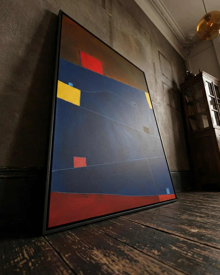 Low-angle view of a vertical abstract painting leaning against a textured gray plaster wall on a dark wood floor. The painting features an indigo blue field with fine geometric lines, a crimson red block at the top, and yellow side accents.