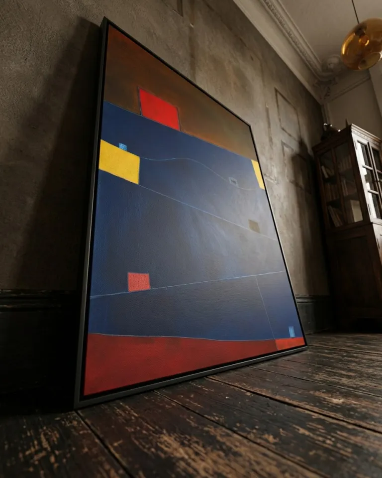 Low-angle view of a vertical abstract painting leaning against a textured gray plaster wall on a dark wood floor. The painting features an indigo blue field with fine geometric lines, a crimson red block at the top, and yellow side accents.
