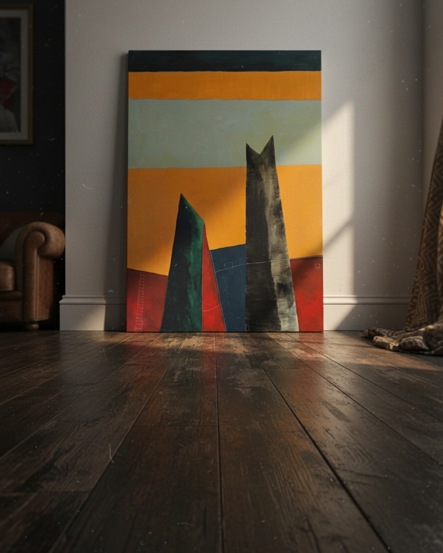 A vertical abstract painting featuring several dark, angular, monolithic forms rising from the bottom against a background of distinct horizontal color bands. From top to bottom, the bands are dark teal, pale blue-green, vibrant orange, and deep red. The dark forms are textured with visible brushstrokes and some white linear marks. One large, black, spired form dominates the right side, and a smaller, dark green, pointed form is on the left. A mid-blue angular form is between them. Faint white lines and small rectangular shapes are visible across the colored fields.