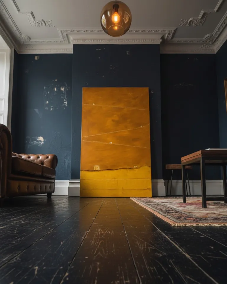 Vertical abstract painting with a large dark ocher upper field, featuring subtle diagonal light lines and small blocks. A dark, undulating line separates this field from a bright yellow lower band. The surface shows visible textures and layers of pigment.