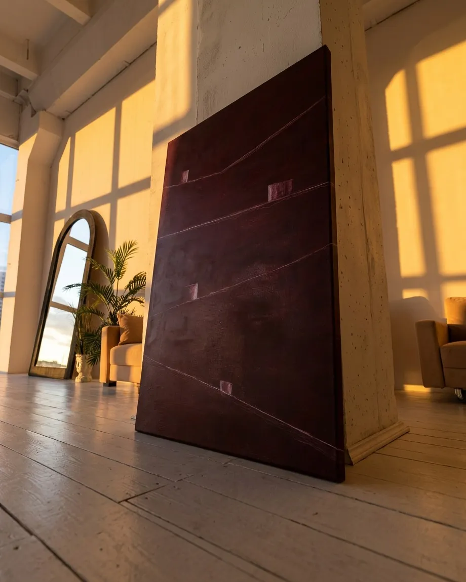 Pintura abstracta VESTIGIA de Maurizio Valch en color rojo oscuro con cuatro líneas incisas horizontales, apoyada sobre el suelo de madera de un estudio con luz cálida de atardecer.