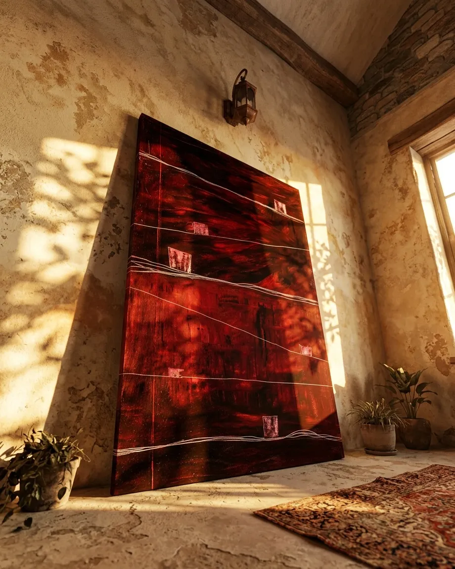 Vertical abstract painting featuring deep red and burgundy tones. Multiple thin, white or light gray lines cross the textured surface horizontally. Small, reddish, highly textured quadrangular forms are irregularly dispersed across the composition. The artwork displays a pronounced material texture.