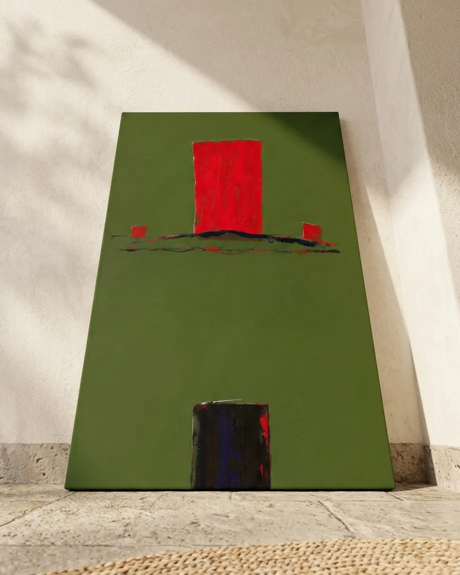 Pintura abstracta verde oliva y carmesí ASCENSUS apoyada en el suelo de piedra caliza de una terraza con acabados de estuco rústico.