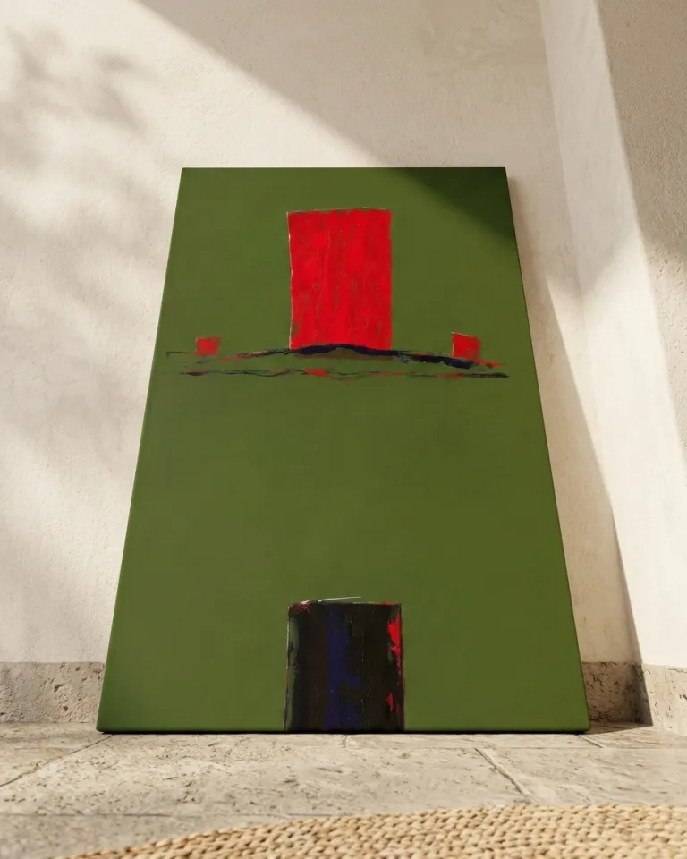 Vertical abstract painting by Maurizio Valch. A large, textured crimson red rectangular block is positioned on an olive green background. Below it, a dark, undulating line precedes a dark vertical block with subtle red and blue accents at the bottom. The surface features impasto and incisions.