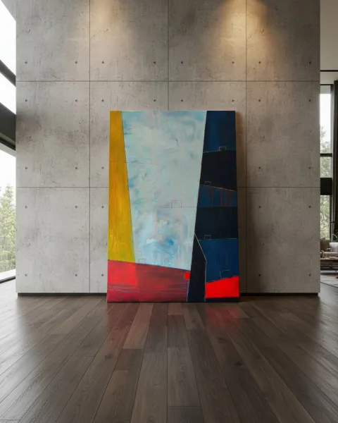 Pintura abstracta vertical titulada 'LIMEN' de Maurizio Valch. La composición muestra un gran campo central de tonos azul claro y blanco, flanqueado por una banda vertical amarilla a la izquierda y una estructura oscura azul marino y negra a la derecha. Una franja roja de color intenso se extiende en la parte inferior. Pequeñas formas rectangulares y finas líneas horizontales, algunas en rosa o verde lima, se distribuyen por la superficie, sugiriendo divisiones y estructuras.