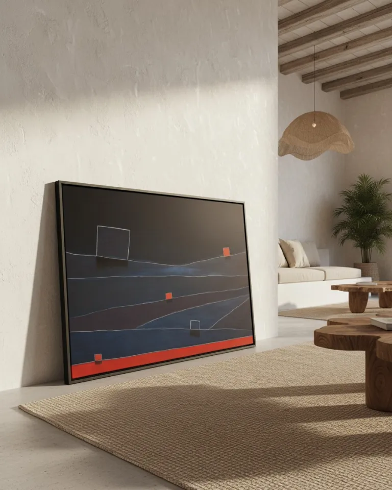 An extreme low-angle floor shot of the horizontal abstract painting SINGULA by Maurizio Valch. Resting against a rustic plaster wall in a minimalist interior, the artwork features deep blue fields crossed by thin white lines and small red squares, anchored by a solid red band along the bottom edge.