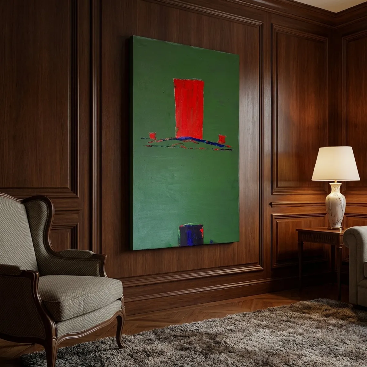 Presentación frontal del cuadro abstracto ASCENSUS en un despacho con revestimiento de madera noble, junto a un sillón orejero.