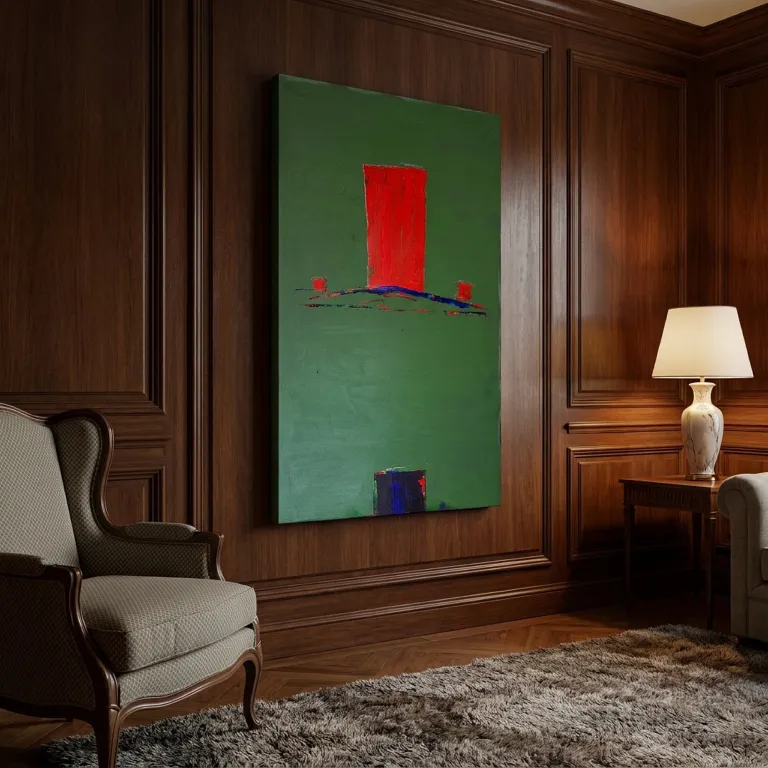 Frontal display of the abstract painting ASCENSUS in an office with noble wood paneling, next to a wingback armchair.