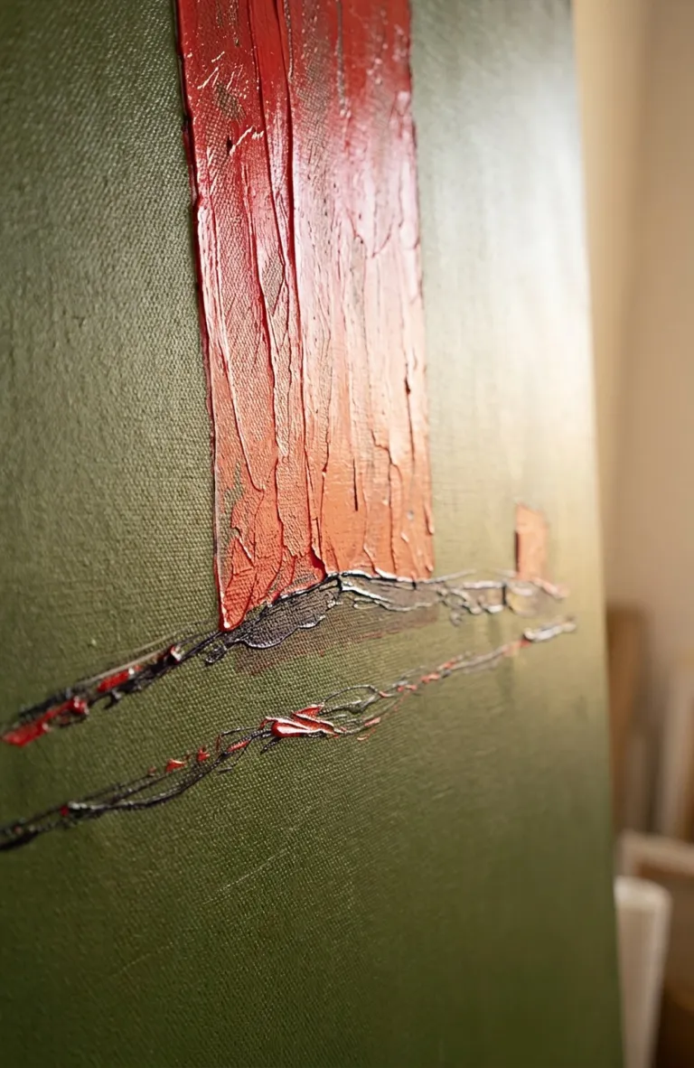 Oblique close-up of the textured surface of the canvas ASCENSUS, highlighting the layers of red pigment and the incised black line.