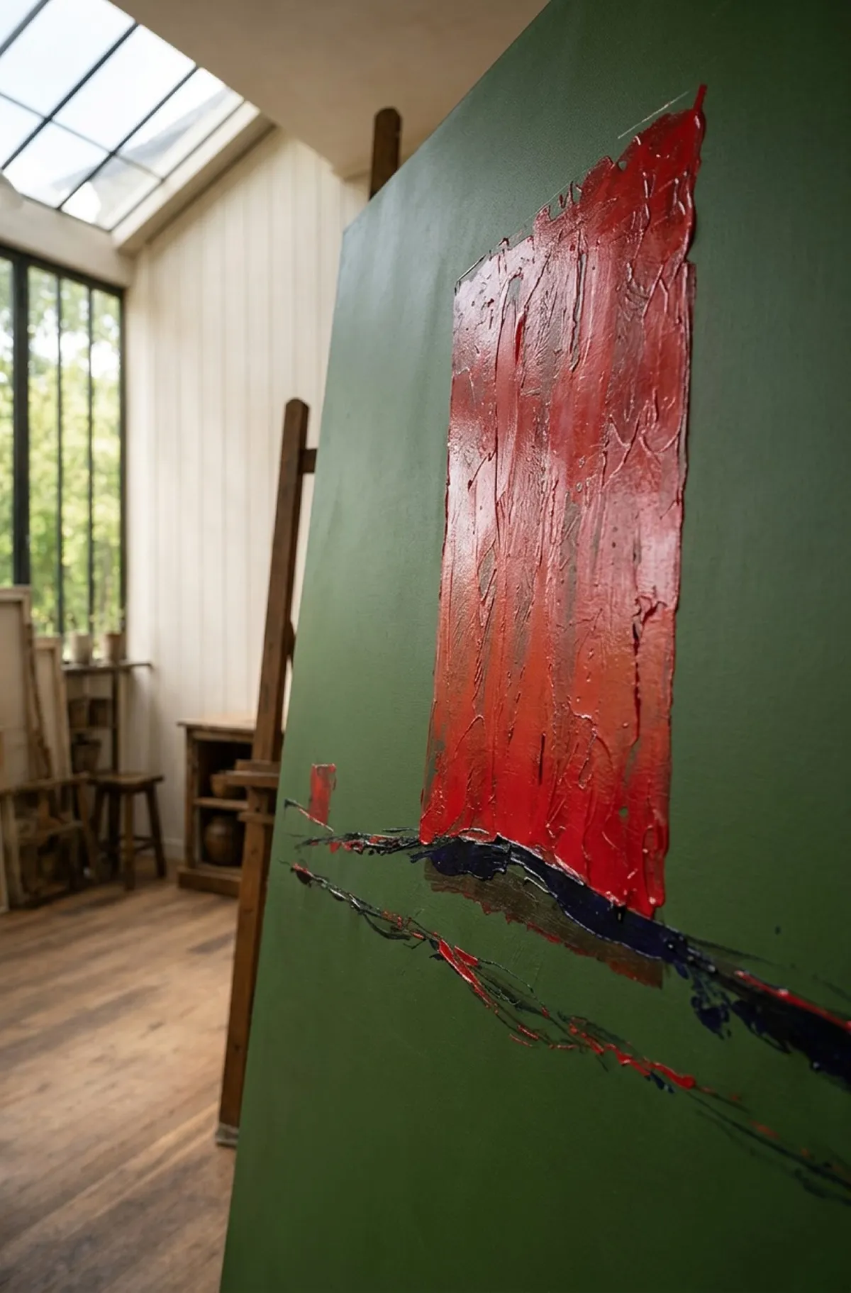 Primer plano en ángulo de la pintura abstracta ASCENSUS de Maurizio Valch sobre un caballete de madera en un taller de artista luminoso.