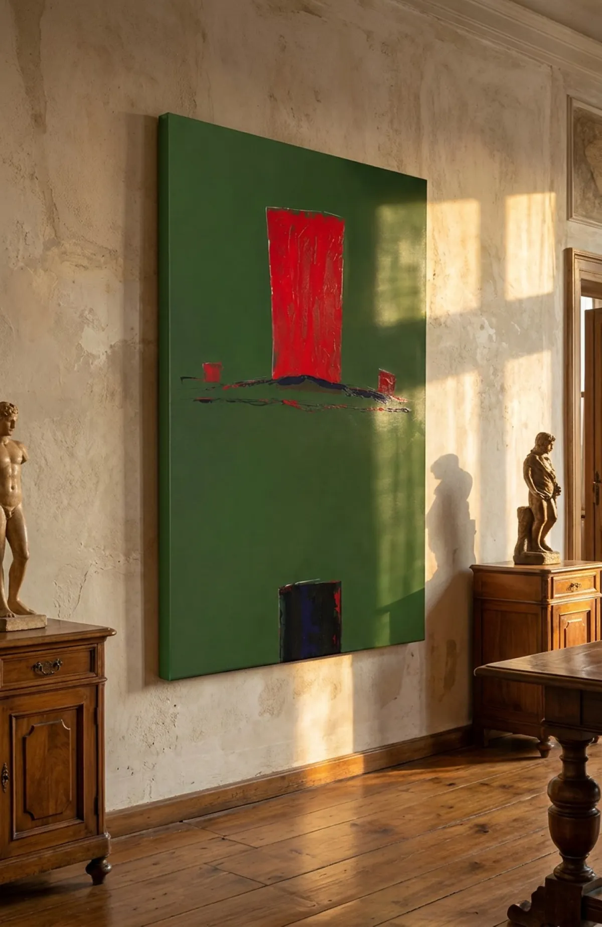 The large abstract painting ASCENSUS hanging on a rustic plaster wall in an elegant living room with antique wooden furniture and classical sculptures.