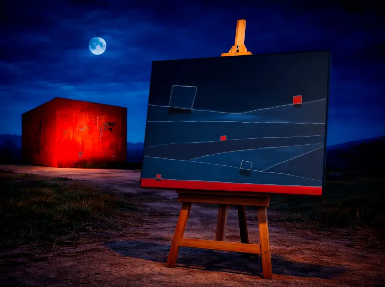 The horizontal abstract painting SINGULA is displayed on a wooden easel in an open outdoor field at night. In the background, a concrete cubic structure is illuminated by a red light under a dark blue sky with clouds and a full moon. The artwork itself features fine white lines and small red squares on a dark blue and black background, with a bold red horizontal band running along the lower edge.