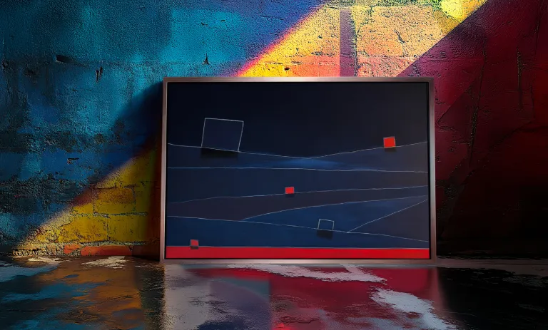 The horizontal abstract painting SINGULA rests on a dark, glossy floor that reflects its image. Behind it, a rustic brick wall is illuminated by diagonal bands of blue, yellow, and red light. The canvas features a dark background with thin white lines, small red blocks, and a solid red band along the bottom edge.