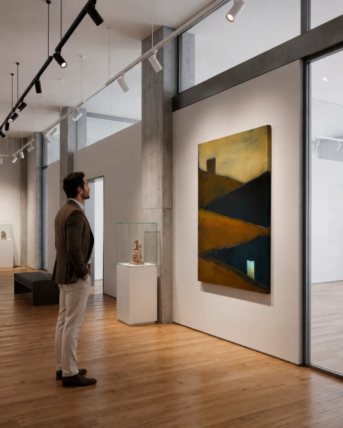 A gallery visitor stands in profile, viewing a vertical abstract painting mounted on a white wall in a contemporary art space. The artwork features diagonal fields of ochre, brown, and dark blue with fine incised lines, a dark block at the top, and a small luminous point at the bottom right. The gallery interior has light wood floors, an exposed concrete column, and track lighting on the ceiling.