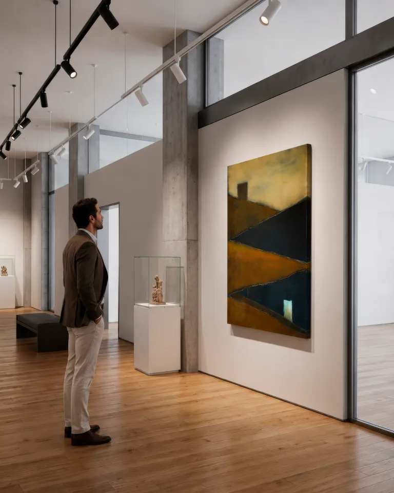 A vertical abstract painting featuring diagonal planes in ochre, brown, and dark blue. At the top, a dark rectangular block rests against a hazy yellow background. Fine incised white lines outline the edges of the color fields as they zigzag downward. In the bottom right corner, a small, bright white rectangle with clean edges stands out. The surface shows subtle textures and scraped marks.