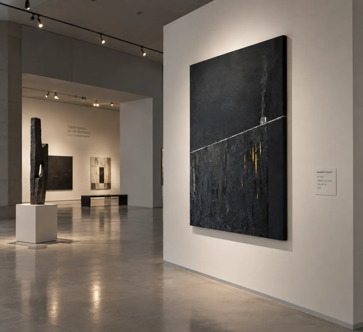 Obra colgada en una pared blanca en una amplia sala de museo contemporáneo. Al fondo, se aprecia un suelo de hormigón pulido con reflejos, un banco de diseño negro y una escultura monolítica de piedra sobre una peana.