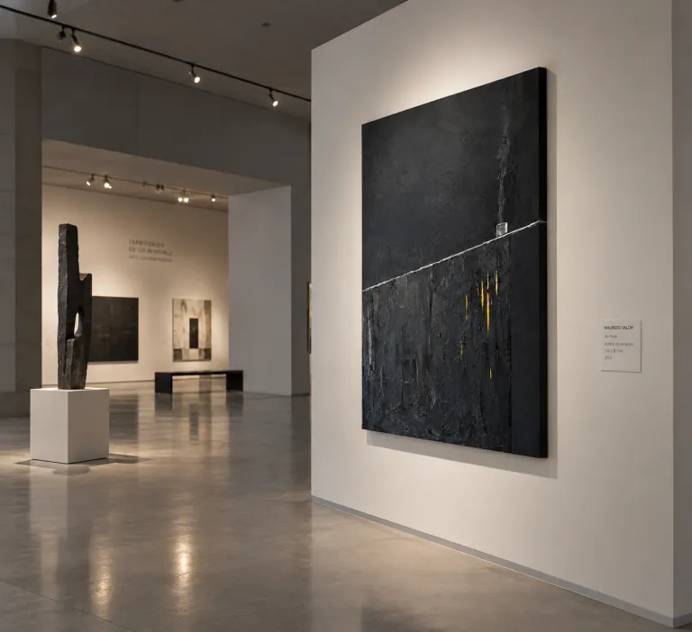An artwork hanging on a white wall in a spacious contemporary museum hall. In the background, a polished concrete floor with reflections, a black designer bench, and a monolithic stone sculpture on a pedestal are visible.