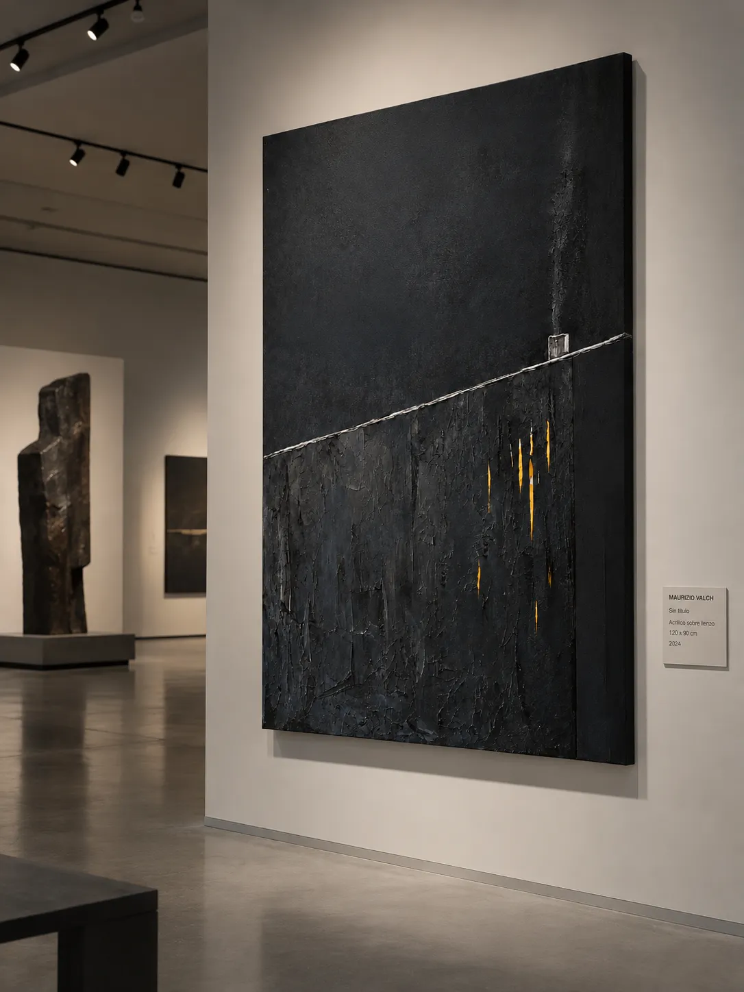 A vertical abstract painting divided by a diagonal line. On the upper half, a smooth, matte black surface from which a tiny chimney emerges with a fine wisp of smoke. On the lower half, a rough black impasto is torn by five vertical incisions revealing a bright yellow color.