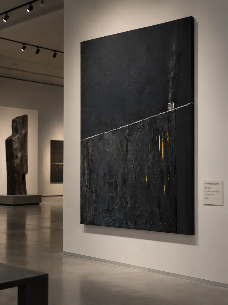 A vertical abstract painting divided by a diagonal line. On the upper half, a smooth, matte black surface from which a tiny chimney emerges with a fine wisp of smoke. On the lower half, a rough black impasto is torn by five vertical incisions revealing a bright yellow color.