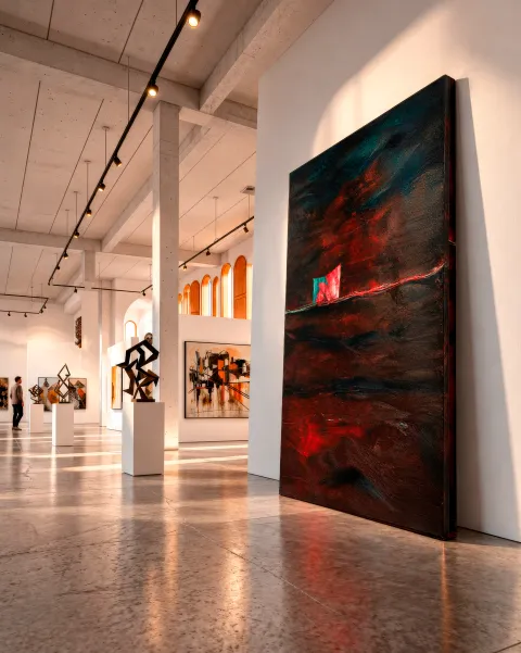 Vertical abstract painting by Maurizio Valch showing a dense background of dark and reddish tones, crossed by a thin horizontal incised line upon which sits a bicolor block of turquoise and red.