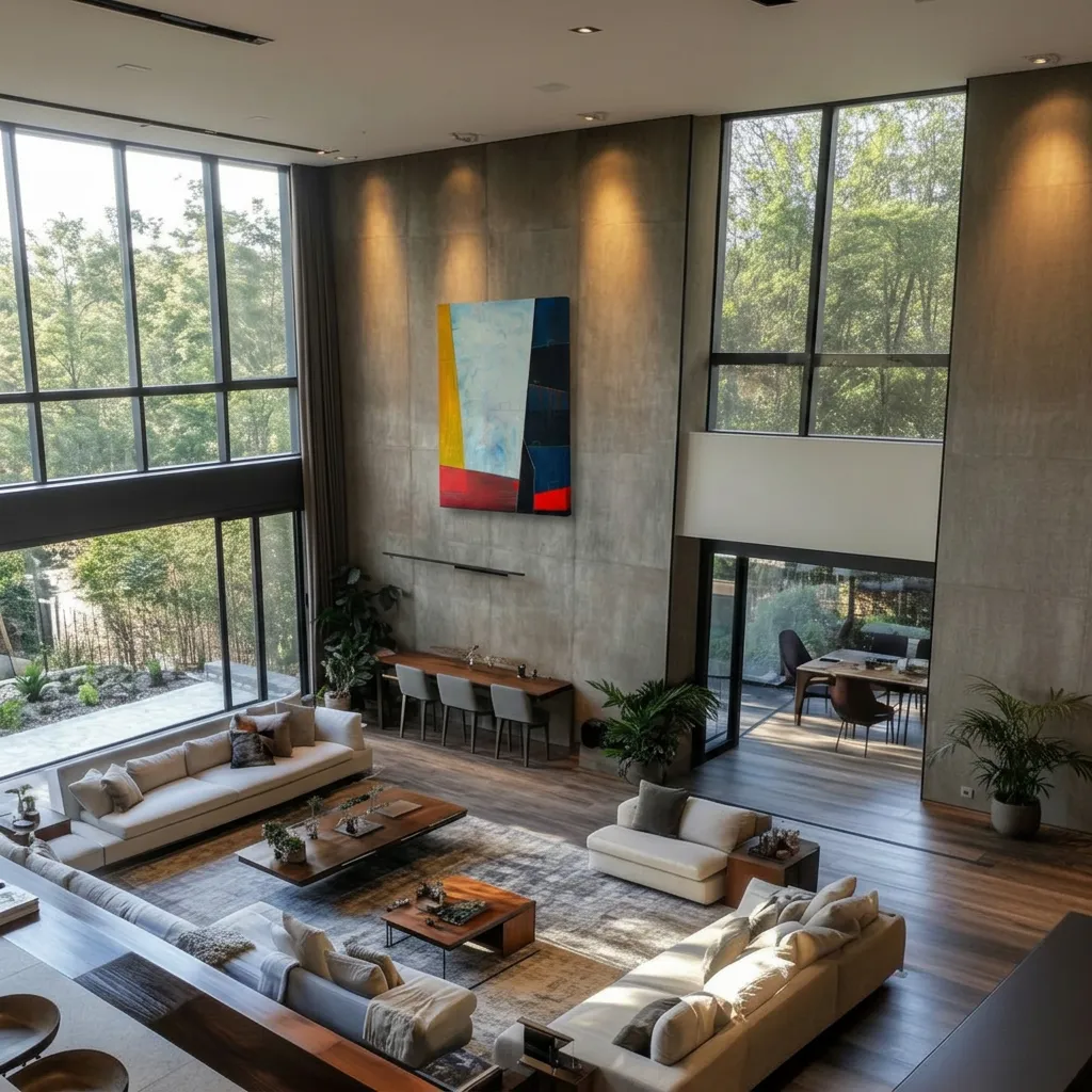 A vertical abstract painting by Maurizio Valch, titled "LIMEN," featuring blocks of light blue, yellow, red, and dark blue, displayed on a concrete wall in a modern, spacious living area.