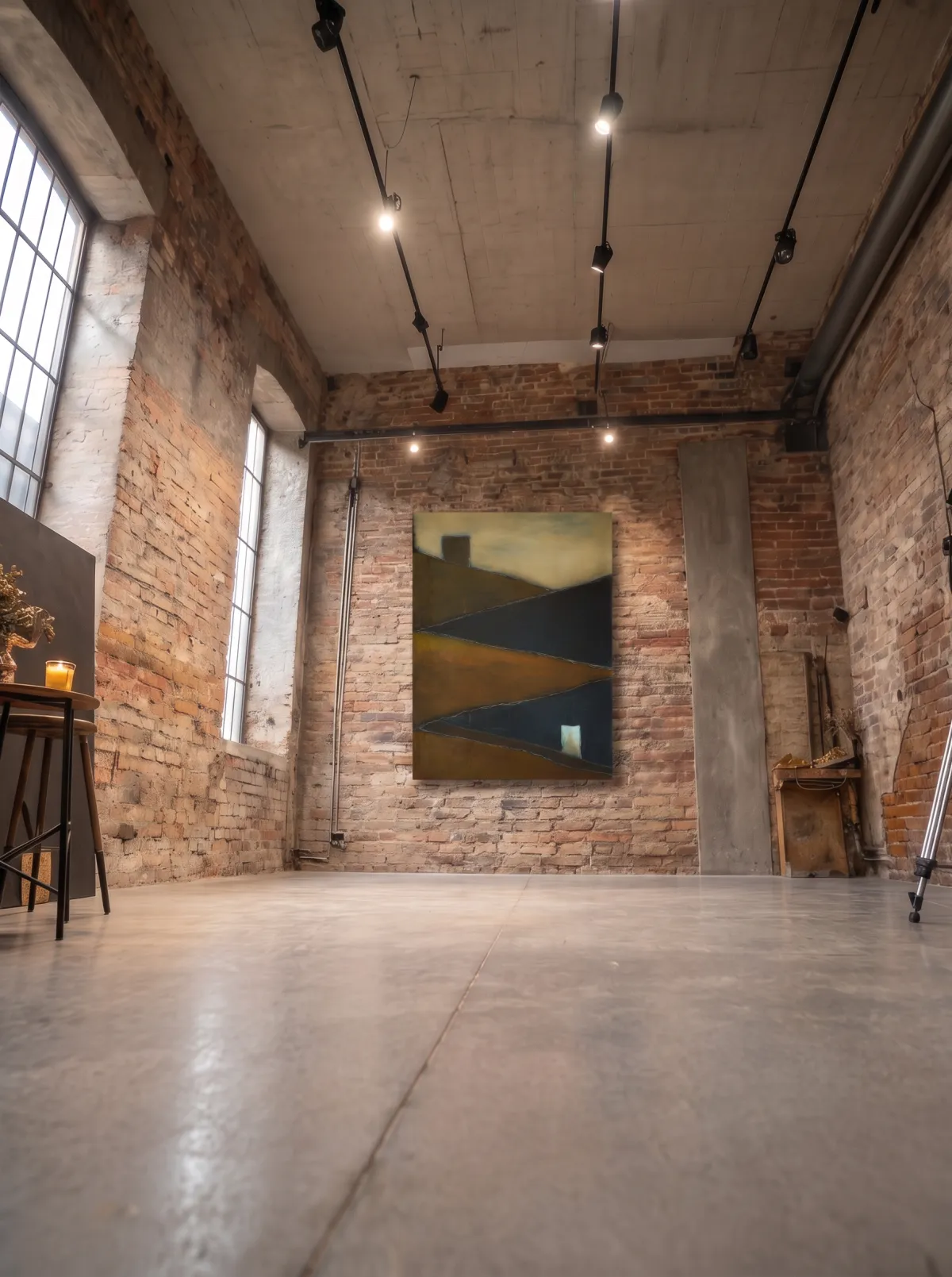Pintura abstracta TENSUM colgada de manera central en una alta pared de ladrillo visto dentro de un espacio de estilo industrial con suelo de hormigón gris.