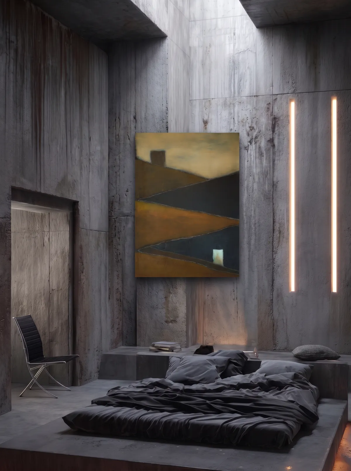 Dormitorio minimalista de hormigón visto con la pintura abstracta TENSUM de Maurizio Valch destacando sobre la pared gris.