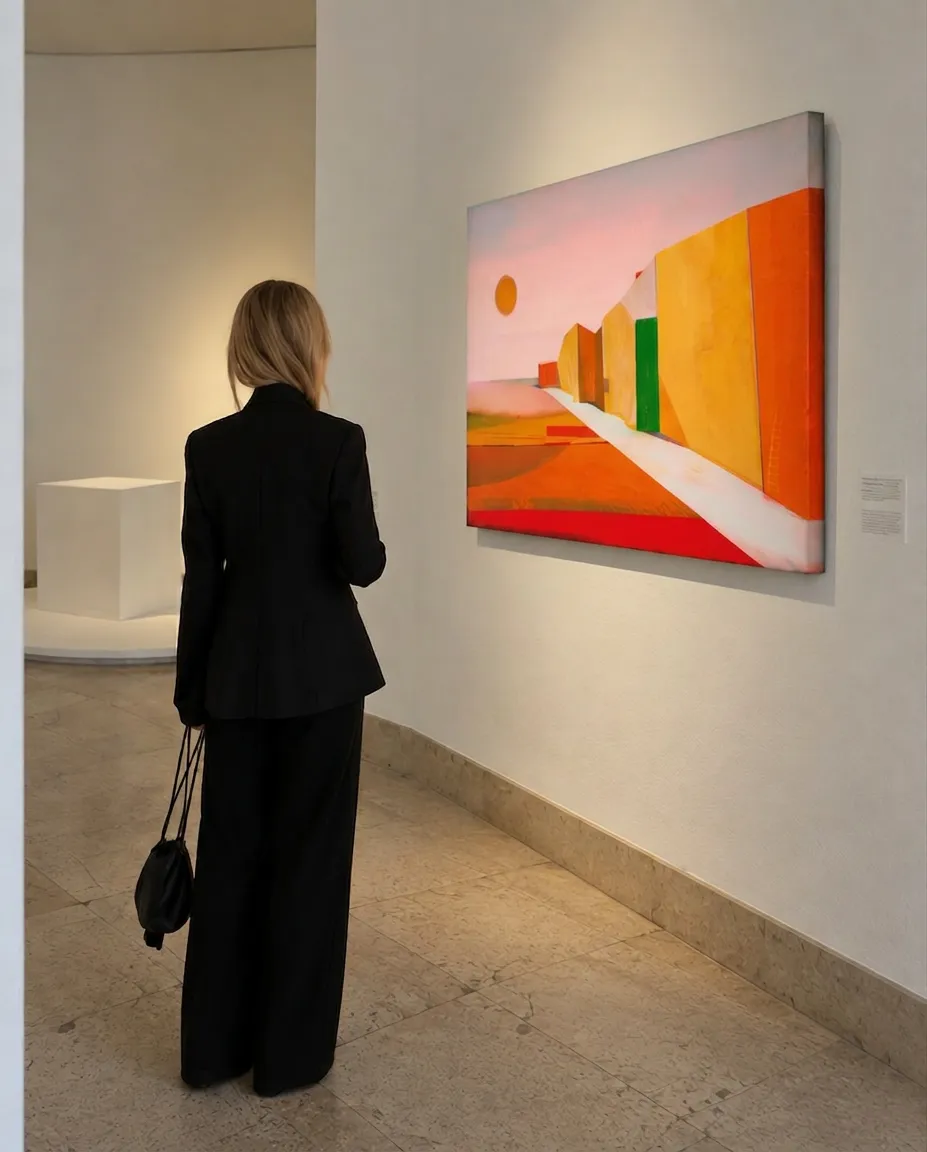Side view of Maurizio Valch’s VIA SOLIS in a gallery: a horizontal painting with a white path between red planes and yellow and orange blocks; a visitor views it from the corridor.
