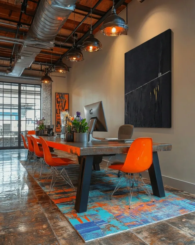 Dark abstract painting hanging on a modern office wall, facing a long wooden meeting table with colorful designer orange chairs.