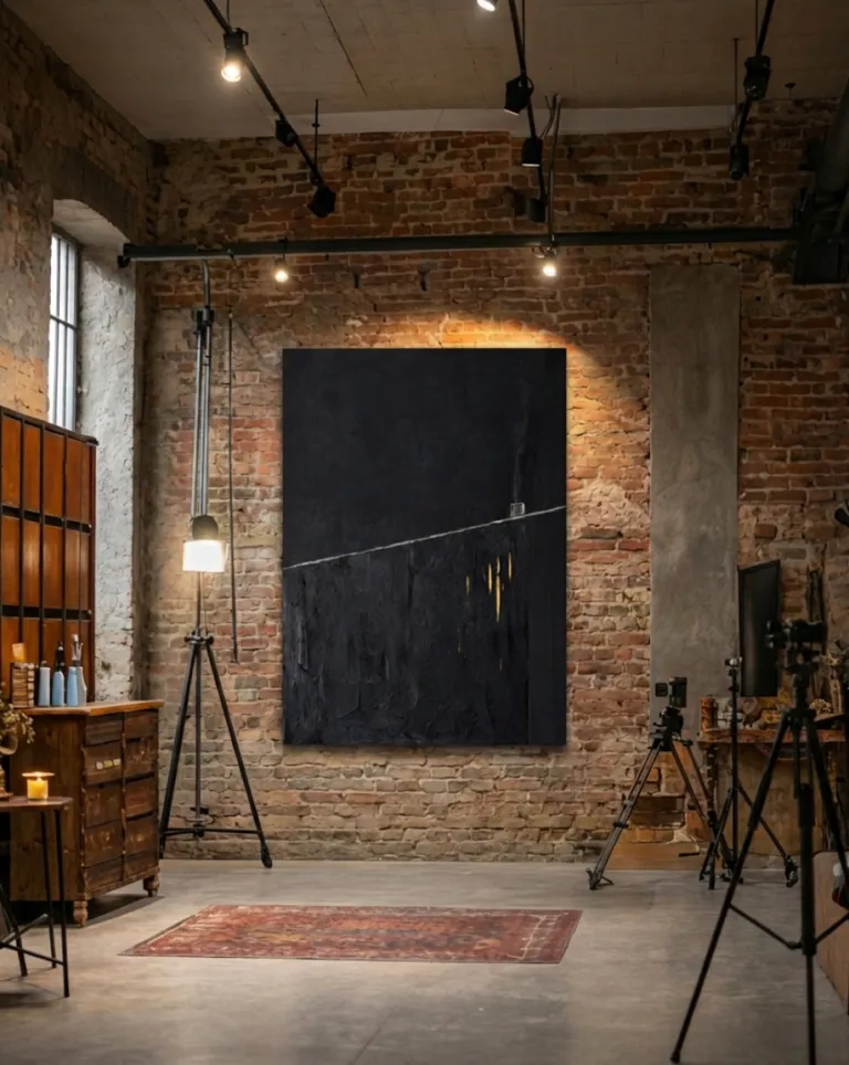 Large-format abstract painting hanging on an exposed brick wall inside an industrial-style studio with spotlights, camera tripods, and rustic wood furniture.