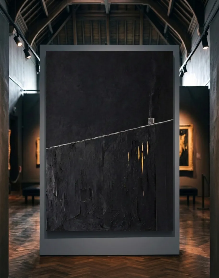 La obra 'Il confine del fuoco segreto' expuesta en un panel divisorio gris oscuro dentro de una sala de museo con suelo de parquet y focos direccionados.