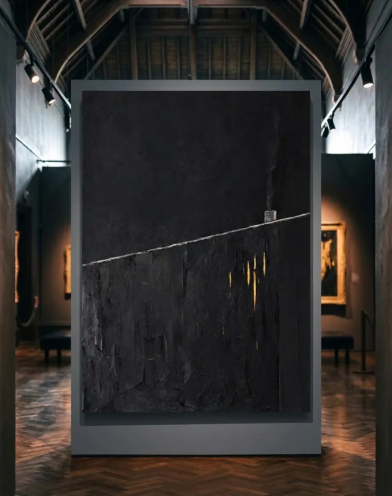 The artwork 'Il confine del fuoco segreto' exhibited on a dark gray partition panel inside a museum room with parquet flooring and directional spotlights.