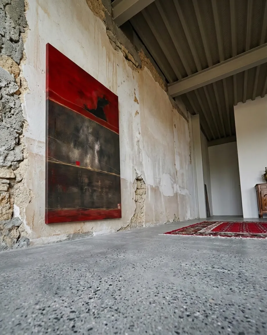 Pintura abstracta de Maurizio Valch instalada sobre una pared de piedra decapada y yeso envejecido en un espacio de estilo industrial con suelo de hormigón pulido.