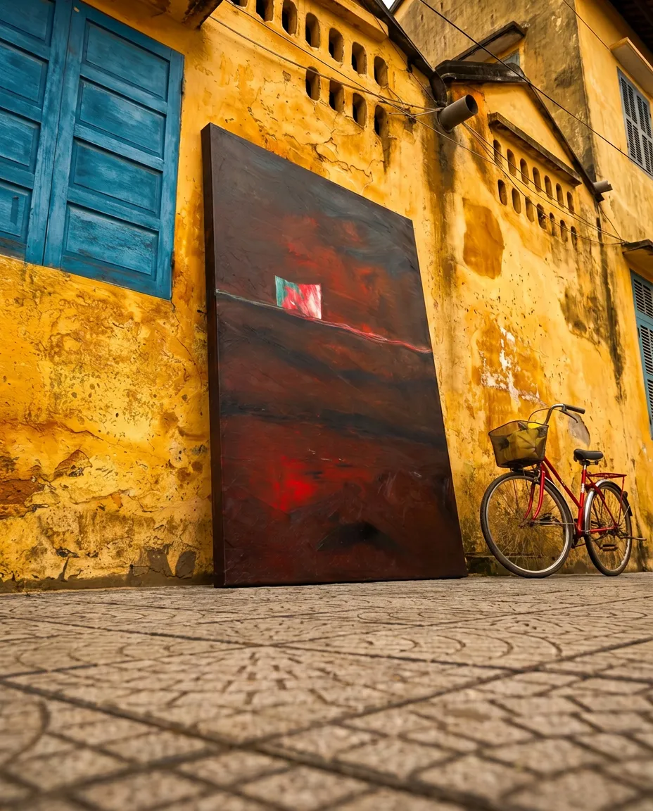 Large abstract canvas by Maurizio Valch leaning against a weathered ocre exterior wall with blue shutters and a red bicycle beside it.